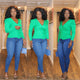 Solid V Neck Puff Shoulder Long Sleeve Knit Top Green